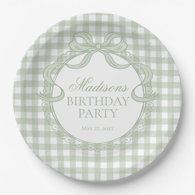 Green Gingham Coquette Bow Birthday Party Paper Plate (Front)