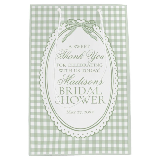 Green Gingham Coquette Bow Bridal Shower Favours Medium Gift Bag (Front)