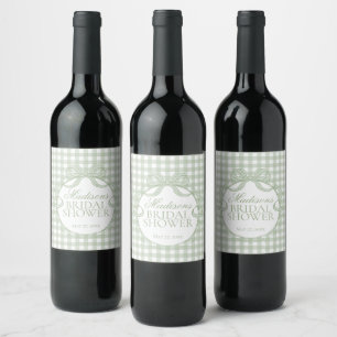 Green Gingham Coquette Bow Bridal Shower Wine Label