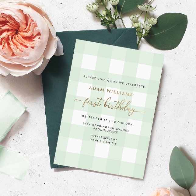 Green Gingham First Birthday Gold Foil Invitation (Creator Uploaded)