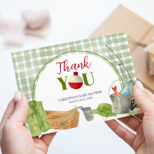 Green Gingham Fishing Baby Shower Thank You Card