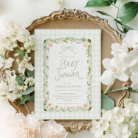 Green Gingham Floral Baby Shower Invitation
