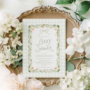 Green Gingham Floral Baby Shower Invitation