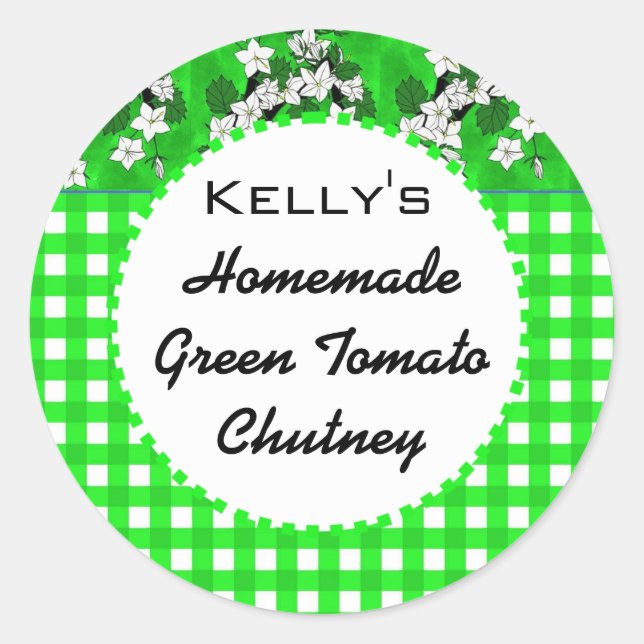 Green gingham floral jam chutney label (Front)