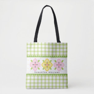 Green Gingham Floral Monogrammed Tote Bag