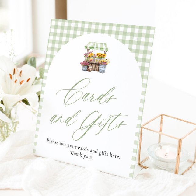 Green Gingham Fresh Off The Market Cards and Gifts Pedestal Sign (Green Gingham Fresh Off The Market Cards and Gifts Sign)