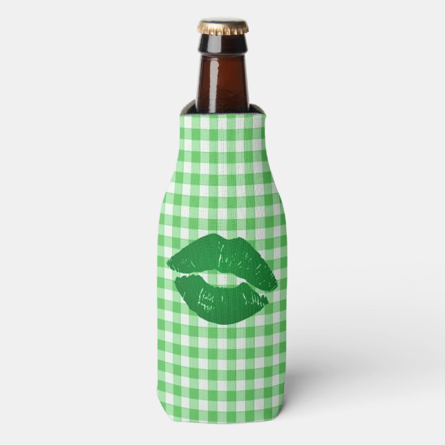 Green Gingham Fun Irish Kiss St Patrick's Day Bottle Cooler (Bottle Front)