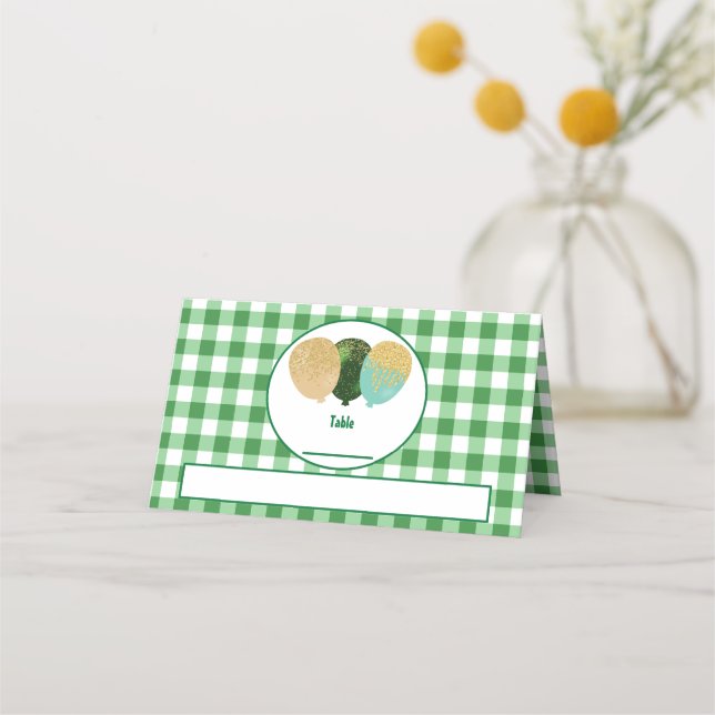 Green Gingham Glitter Balloons Folded Table  Place Card (Front)