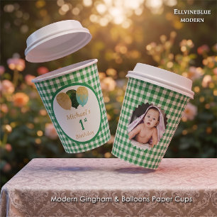 Green Gingham Glitter Balloons & Photo Birthday Paper Cups