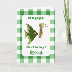 Green Gingham Gold Foil Balloon Fish 1st Birthday Card