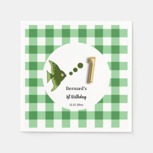 Green Gingham Gold Foil Balloon Fish 1st Birthday Napkin