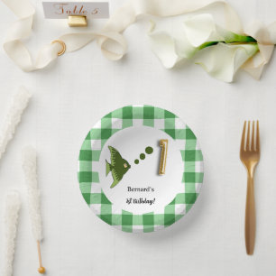 Green Gingham Gold Foil Balloon Fish 1st Birthday Paper Plate