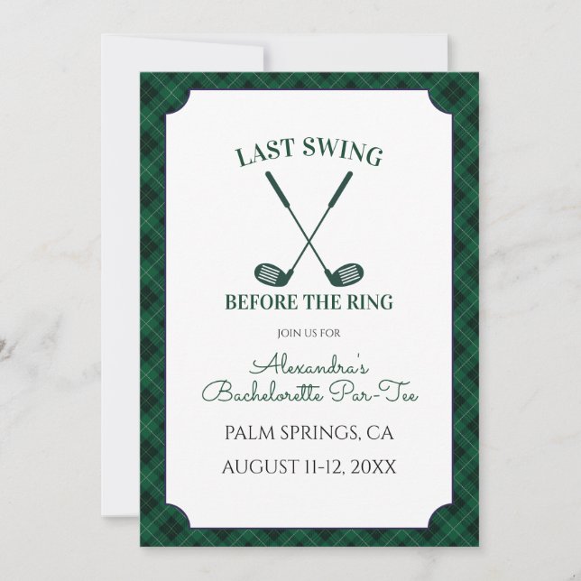 Green Gingham Golf Bachelorette Party Invitation (Front)