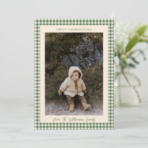 Green Gingham Happy Thanksgiving Family Photo Holiday Card