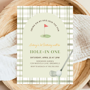 Green Gingham Hole in One Golf Birthday Invitation