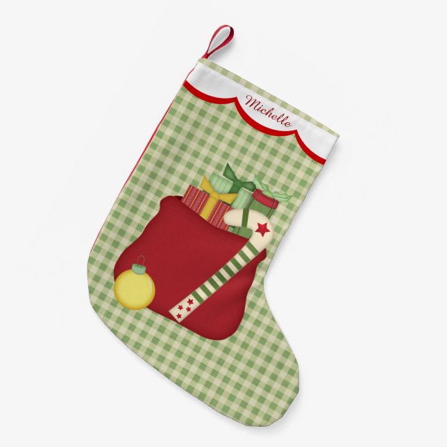 Green Gingham Holiday Toy Sack Personalised Small Christmas Stocking (Front (Hanging))