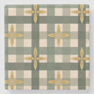 Green Gingham & Leaves Stone Coaster