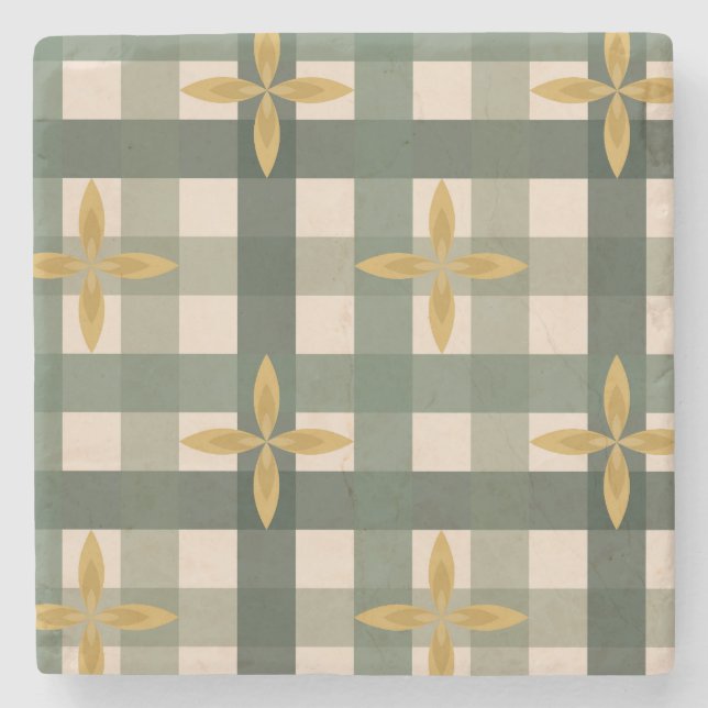 Green Gingham & Leaves Stone Coaster  (Front)