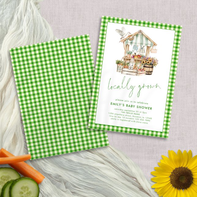 Green Gingham Locally Grown Market Baby Shower  Invitation (Front and back view)