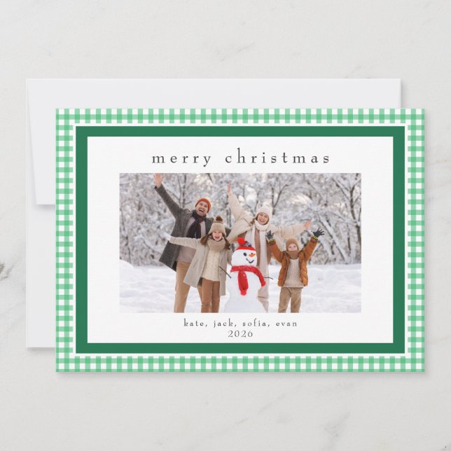 Green Gingham Message Back Holiday 2 Photo Card (Front)