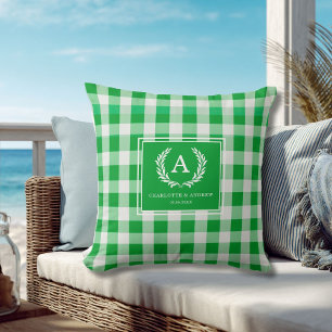 Green Gingham Monogram Crest Cushion