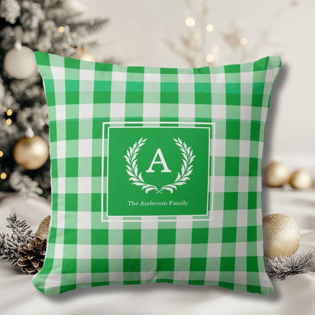 Green Gingham Monogram Crest Cushion (Green Gingham Monogram Crest Throw Pillow)