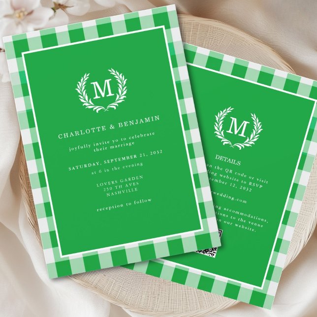 Green Gingham Monogram Crest QR Code Invitation (Green Gingham Monogram Crest Invitation with QR Code dor Details, Wedding Website, RSVP.)
