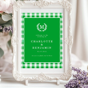 Green Gingham Monogram Crest Wedding Welcome Poster