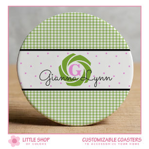 Green Gingham Monogram Round Paper Coaster