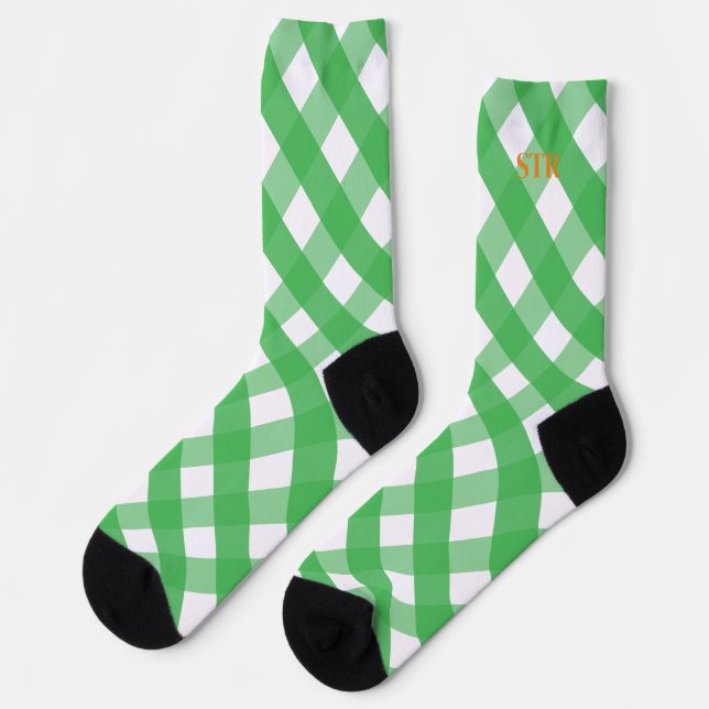 Green Gingham Monogrammed Pattern Socks (Left)