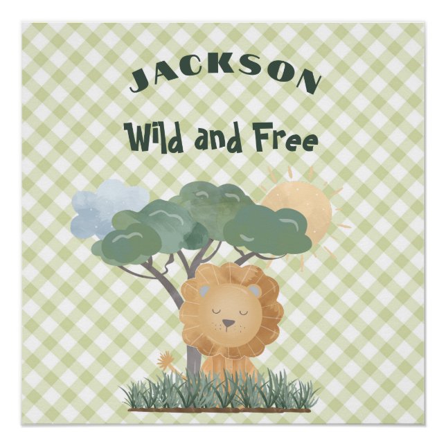 Green Gingham Name Boho Lion Matching Twin Poster (Front)