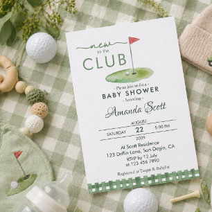 Green Gingham New To The Club Golf  Baby Shower   Invitation