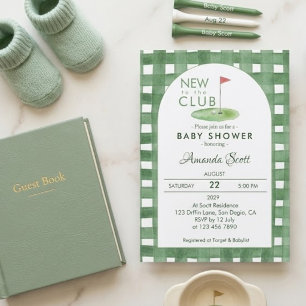 Green Gingham New To The Club Golf  Baby Shower   Invitation