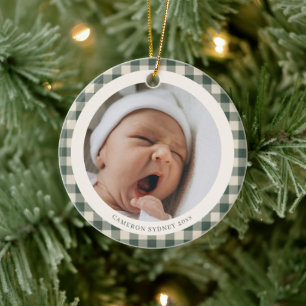 Green Gingham Newborn Photo Holiday Keepsake Ceramic Tree Decoration