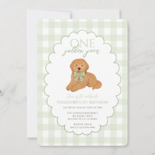 Green Gingham One Golden Year First Birthday Puppy Invitation