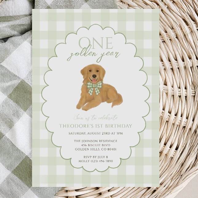 Green Gingham One Golden Year First Birthday Puppy Invitation (Creator Uploaded)