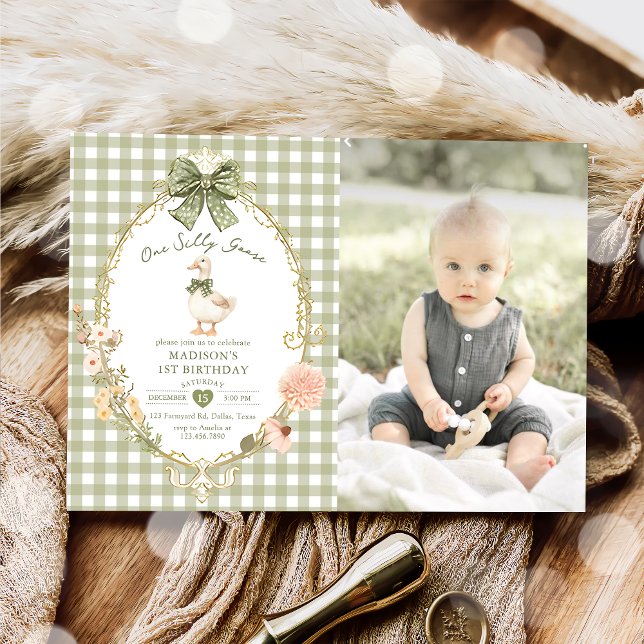 Green Gingham One Silly Goose 1st Birthday Photo Invitation (Creator Uploaded)
