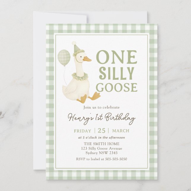 Green Gingham One Silly Goose Birthday Invitation (Front)