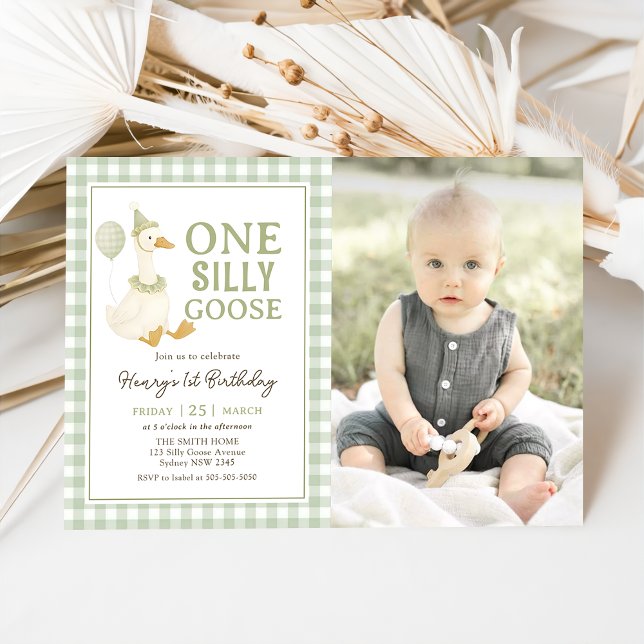 Green Gingham One Silly Goose Birthday Photo Invitation (Creator Uploaded)