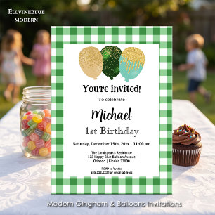 Green Gingham, Party Balloons 1st Birthday Invitation