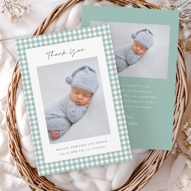 Green Gingham Pattern Boys Baby Thank You Card (Sage Green Gingham Check Baby Photo Thank You Note Cards.)
