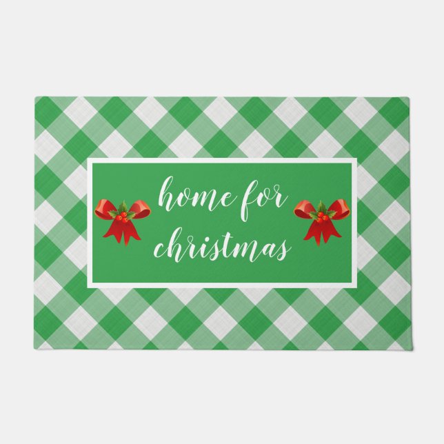 Green Gingham Pattern Home for Christmas Custom Doormat (Front)