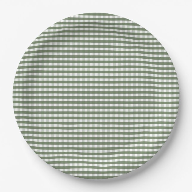 Green Gingham Pattern Paper Plate (Front)