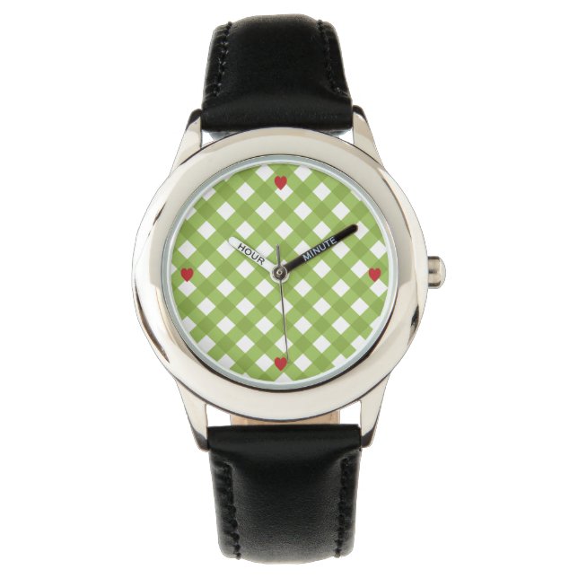 Green gingham pattern with red hearts watch (Front)