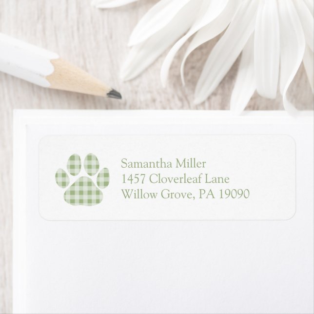 Green Gingham Paw Print Return Address Label (Insitu)