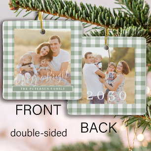 Green gingham plaid 2 photo family Christmas Ceramic Ornament