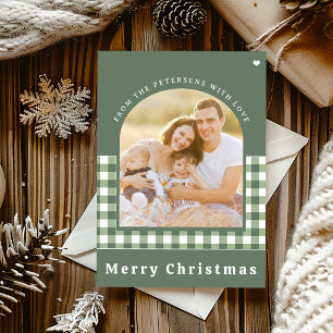 Green gingham plaid family photo Merry Christmas Holiday Card