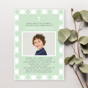 Green Gingham Plaid First Communion Boy Photo Invitation