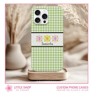 Green Gingham Plaid Floral Monogram iPhone 15 Case