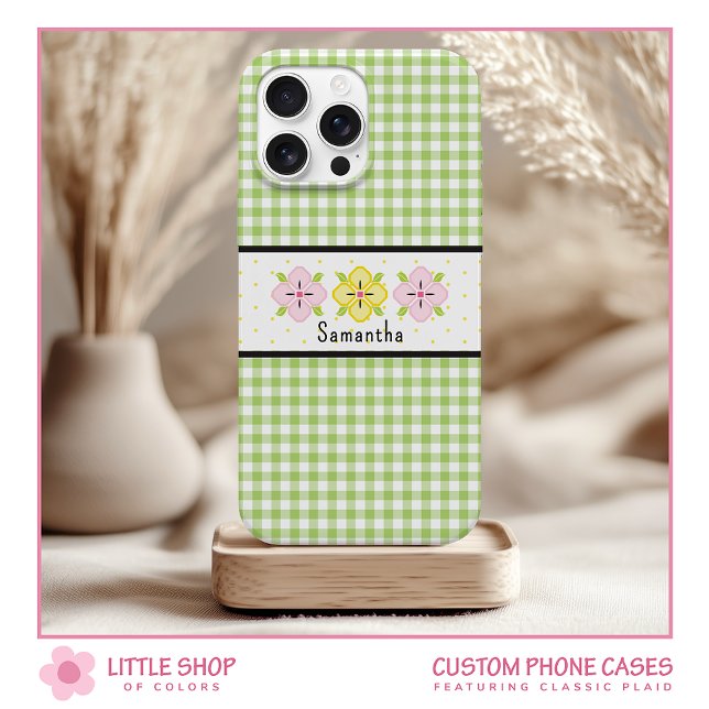 Green Gingham Plaid Floral Monogram iPhone 15 Case (Creator Uploaded)